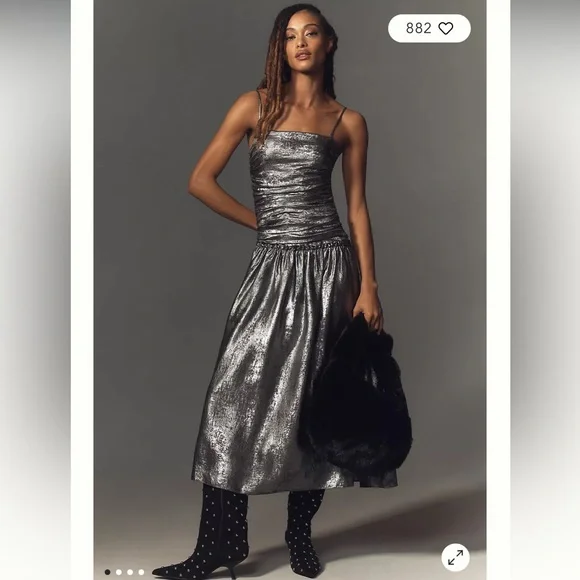 La Maise Studio Ruched Drop-Waist Foil Midi Dress - Picture 3 of 11